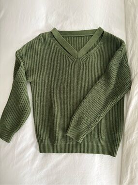 Olive Green V-Neck Knit Sweater - Women